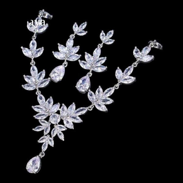 Cubic Zircon Bridal Jewelry Set | Leaves Shape Necklace | Silver Bridal Necklace and Earrings | Wedding Necklace Set | Leaf style jewellery for bride