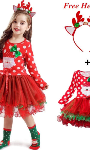 Girls Polka dot Christmas Dresses, Santa Claus Long Sleeve Winter Red Xmas Party Princess Dress Cute Kids Prom Gown