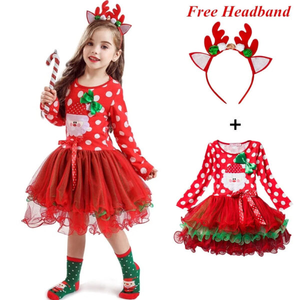 Girls Polka dot Christmas Dresses, Santa Claus Long Sleeve Winter Red Xmas Party Princess Dress Cute Kids Prom Gown