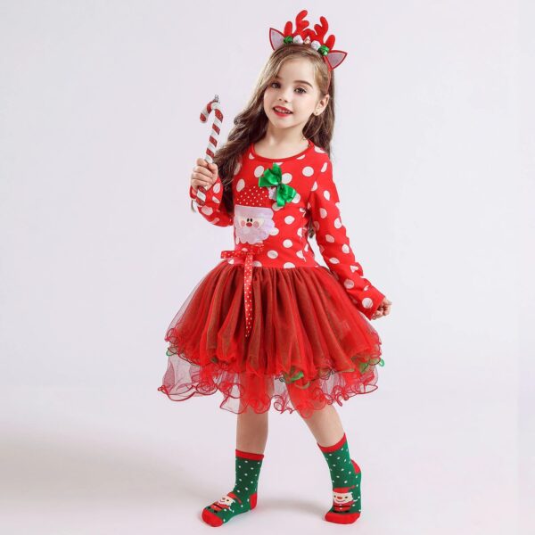 Girls Polka dot Christmas Dresses, Santa Claus Long Sleeve Winter Red Xmas Party Princess Dress Cute Kids Prom Gown