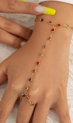 Boho Hand Bracelet | Crystal Finger Bracelet | Gold Bracelet | Colourful Chains Bracelet Jewellery | Ring Bracelet | Gold Hand Chain