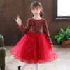 Girls Princess Dress Evening Party Festival Christmas Long Sleeve Skirt Sequins Mesh Dress Formal Party Dress Velvet Red