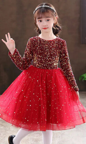 Girls Princess Dress Evening Party Festival Christmas Long Sleeve Skirt Sequins Mesh Dress Formal Party Dress Velvet Red