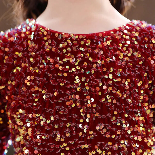 Girls Princess Dress Evening Party Festival Christmas Long Sleeve Skirt Sequins Mesh Dress Formal Party Dress Velvet Red
