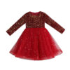 Girls Princess Dress Evening Party Festival Christmas Long Sleeve Skirt Sequins Mesh Dress Formal Party Dress Velvet Red
