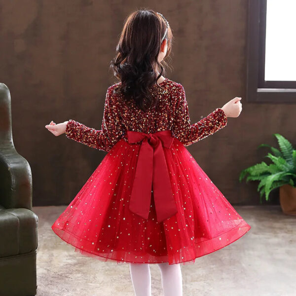 Girls Princess Dress Evening Party Festival Christmas Long Sleeve Skirt Sequins Mesh Dress Formal Party Dress Velvet Red