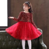 Girls Princess Dress Evening Party Festival Christmas Long Sleeve Skirt Sequins Mesh Dress Formal Party Dress Velvet Red
