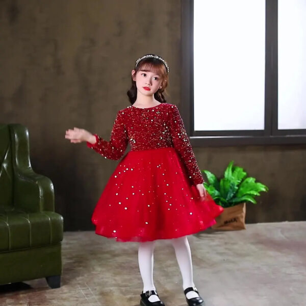 Girls Princess Dress Evening Party Festival Christmas Long Sleeve Skirt Sequins Mesh Dress Formal Party Dress Velvet Red