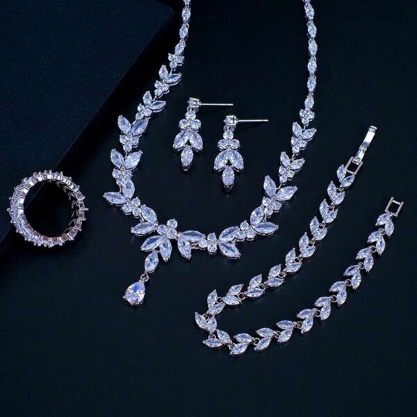 Teardrop Silver Wedding Necklace Earrings Bracelet Ring Set | Bridal Necklace Set | CZ Wedding Necklace Set | Crystal Bridal Set