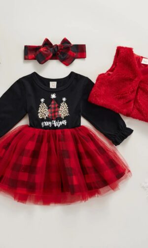 Newborn Baby Girls Clothes Sets Fashion Christmas Dress Plush vest Headband 3Pcs Toddler Infant Clothing Outfits