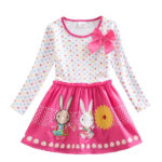 Girls Long Sleeve Dresses ,Cartoon Rabbit Sun Flower Point Casual Bow Tie Clothing, Rabbit Dress for Girls , Flower Dress