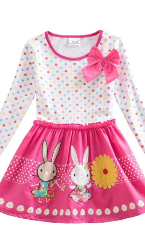 Girls Long Sleeve Dresses ,Cartoon Rabbit Sun Flower Point Casual Bow Tie Clothing, Rabbit Dress for Girls , Flower Dress