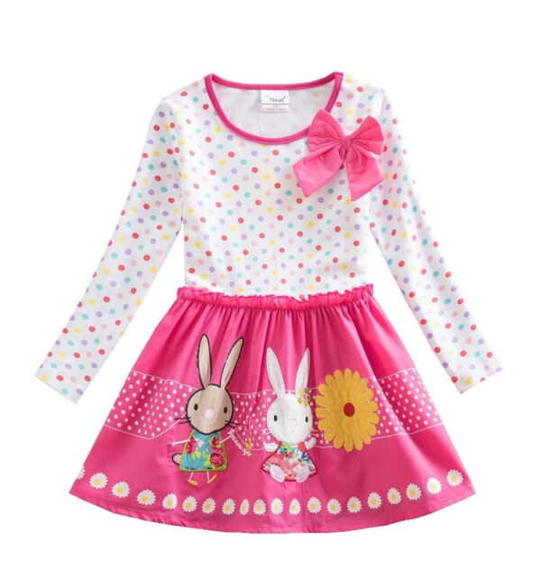 Girls Long Sleeve Dresses ,Cartoon Rabbit Sun Flower Point Casual Bow Tie Clothing, Rabbit Dress for Girls , Flower Dress