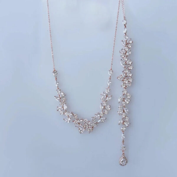 Rose Gold Bridal Back Necklace, Crystal Back Drop Necklace, Open Back Necklace, Bridal Jewelry Set, Wedding Jewellery set, Bridal back chain