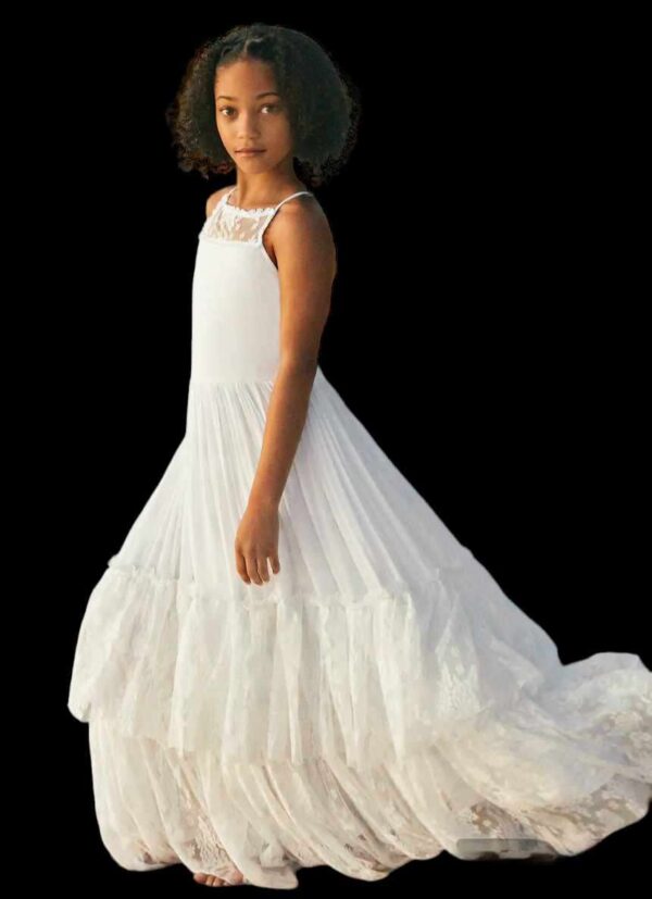 White Lace Cotton Flower Girl Dresses - Long Princess Maxi Dress for Girls' Birthdays and Special Occasions