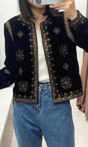 Embroidery Velvet Crop Open Blazer Coat Vintage long Sleeve Female Outerwear Jacket