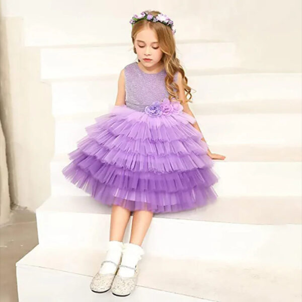 Girls' Purple Flower Layered Cake Dress - Perfect for Birthdays, Weddings & Parties | Kids' Fashion with Lace & Bow Details