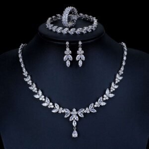 Teardrop Silver Wedding Necklace Earrings Bracelet Ring Set | Bridal Necklace Set | CZ Wedding Necklace Set | Crystal Bridal Set
