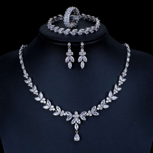 Teardrop Silver Wedding Necklace Earrings Bracelet Ring Set | Bridal Necklace Set | CZ Wedding Necklace Set | Crystal Bridal Set