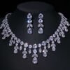 Cubic Zircon Necklace and Earrings,Silver Bridal Necklace and earrings, Jewelry Set, Water Drop Necklace, Leaf style jewellery for bride, Wedding Necklace set