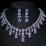 Cubic Zircon Necklace and Earrings,Silver Bridal Necklace and earrings, Jewelry Set, Water Drop Necklace, Leaf style jewellery for bride, Wedding Necklace set