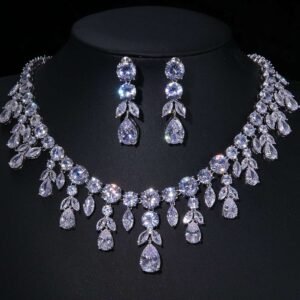 Cubic Zircon Necklace and Earrings,Silver Bridal Necklace and earrings, Jewelry Set, Water Drop Necklace, Leaf style jewellery for bride, Wedding Necklace set