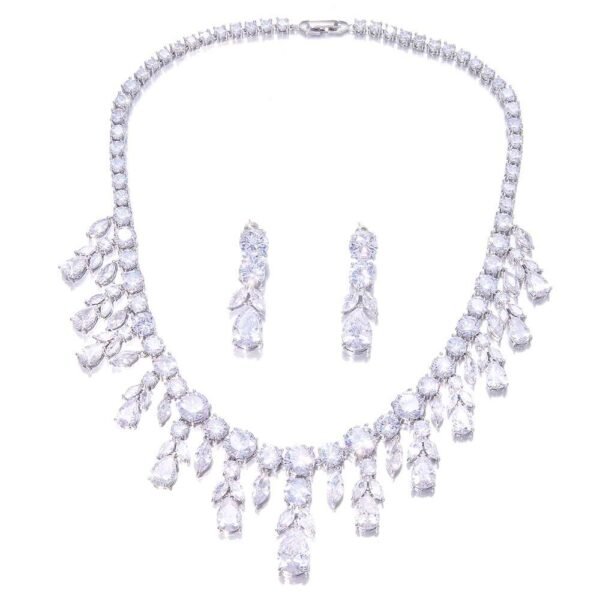 Cubic Zircon Necklace and Earrings,Silver Bridal Necklace and earrings, Jewelry Set, Water Drop Necklace, Leaf style jewellery for bride, Wedding Necklace set