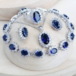 Women Bridal Jewelry Sets Blue Zirconia Fine Jewellery Wedding Necklace Earrings Rings Bracelets Pendant Set - Silver 925 Pendant Necklace