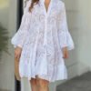 Women Summer Elegant Hollow Out Dresses Vintage Solid Lace Loose V-neck Beach Sexy Mini Dresses Embroidery Pattern Vestidos