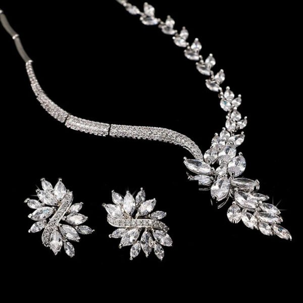 Cubic Zircon Jewelry Set for Women Stud Earrings and Necklace, Silver necklace, Wedding necklace set, Leaf style Wedding jewellery