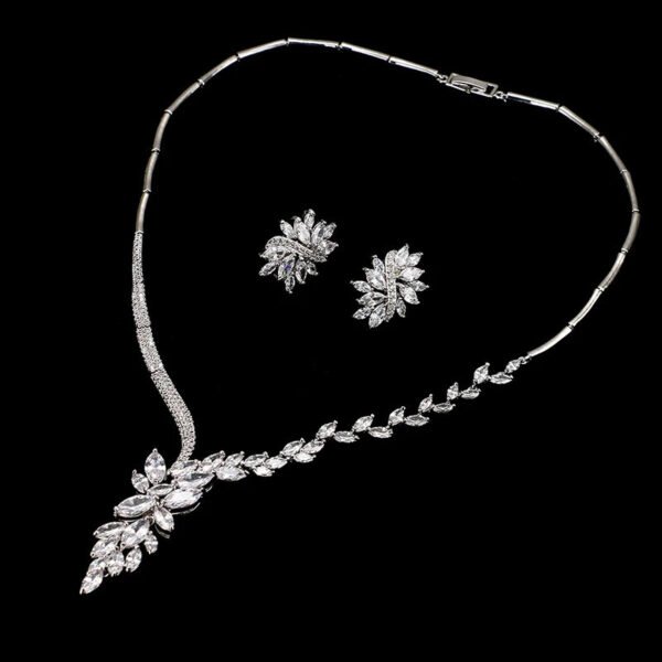 Cubic Zircon Jewelry Set for Women Stud Earrings and Necklace, Silver necklace, Wedding necklace set, Leaf style Wedding jewellery