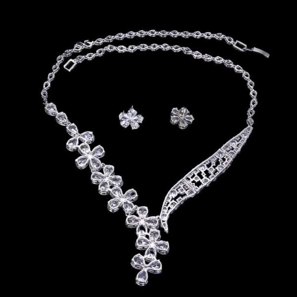 Cubic Zircon Jewelry Set for Women Stud Earrings and Necklace, Silver necklace, Wedding necklace set, Leaf style Wedding jewellery