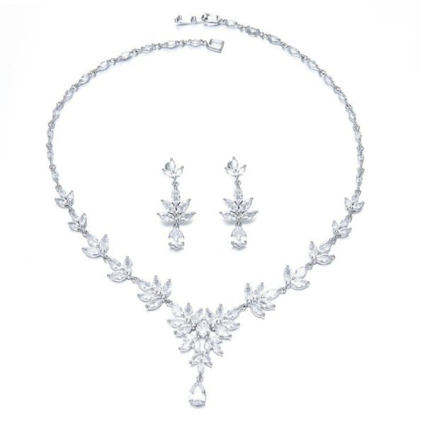 Cubic Zircon Bridal Jewelry Set | Leaves Shape Necklace | Silver Bridal Necklace and Earrings | Wedding Necklace Set | Leaf style jewellery for bride
