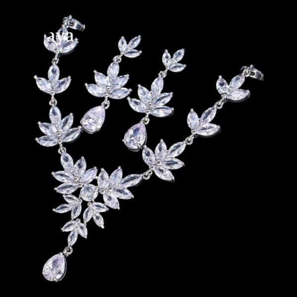 Cubic Zircon Bridal Jewelry Set | Leaves Shape Necklace | Silver Bridal Necklace and Earrings | Wedding Necklace Set | Leaf style jewellery for bride