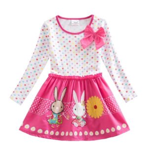 Girls Long Sleeve Dresses ,Cartoon Rabbit Sun Flower Point Casual Bow Tie Clothing, Rabbit Dress for Girls , Flower Dress