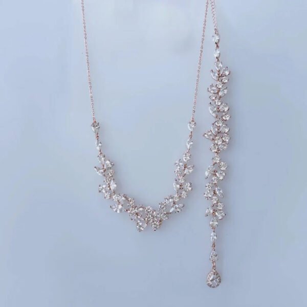 Rose Gold Bridal Back Necklace, Crystal Back Drop Necklace, Open Back Necklace, Bridal Jewelry Set, Wedding Jewellery set, Bridal back chain
